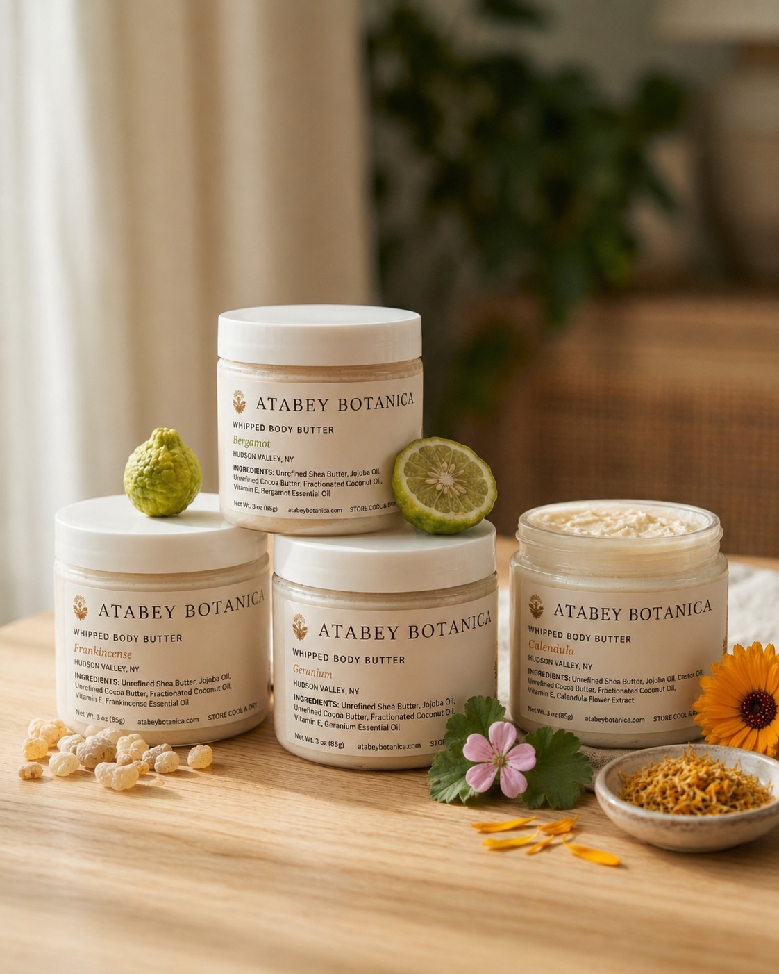 Atabey Botanica whipped body butter collection: Bergamot, Frankincense, Geranium, and Calendula