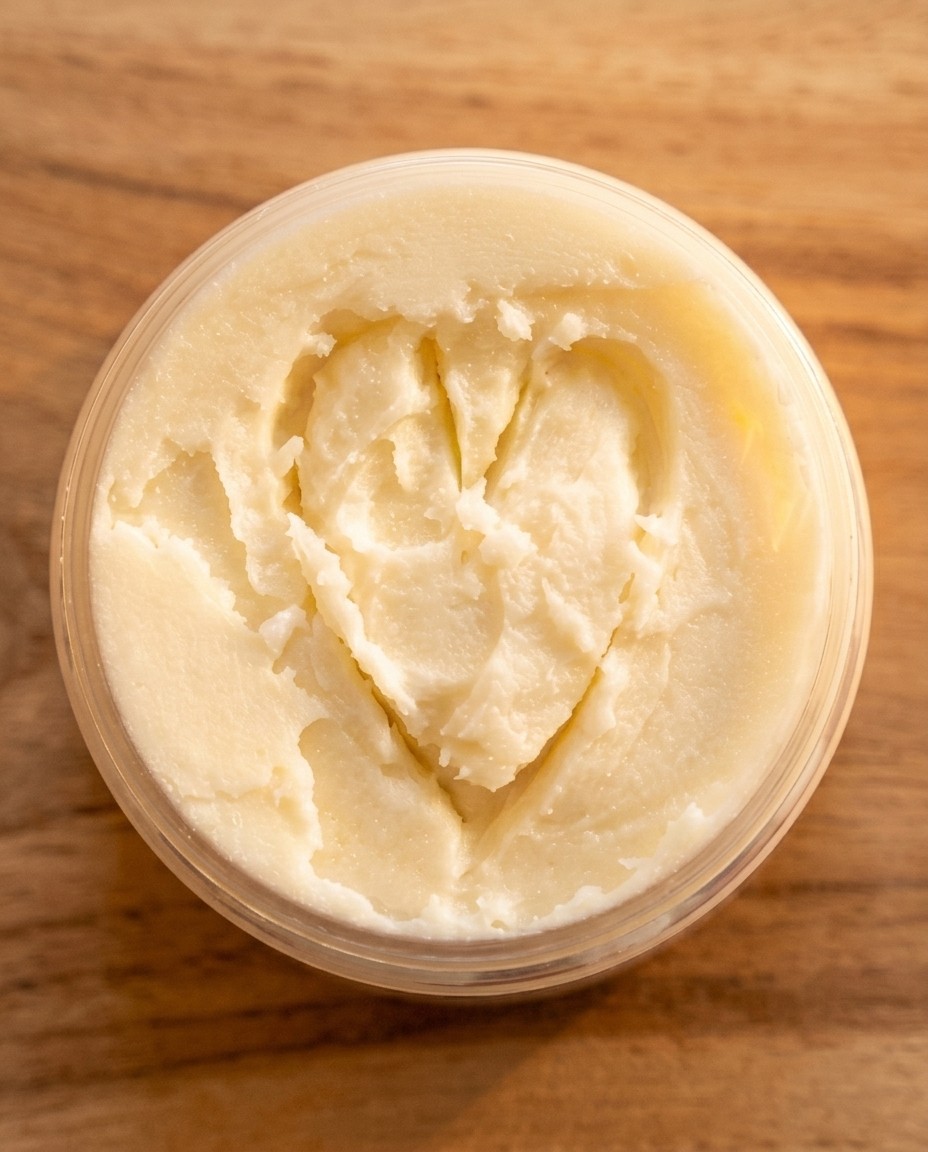 Whipped body butter with a heart traced into its surface