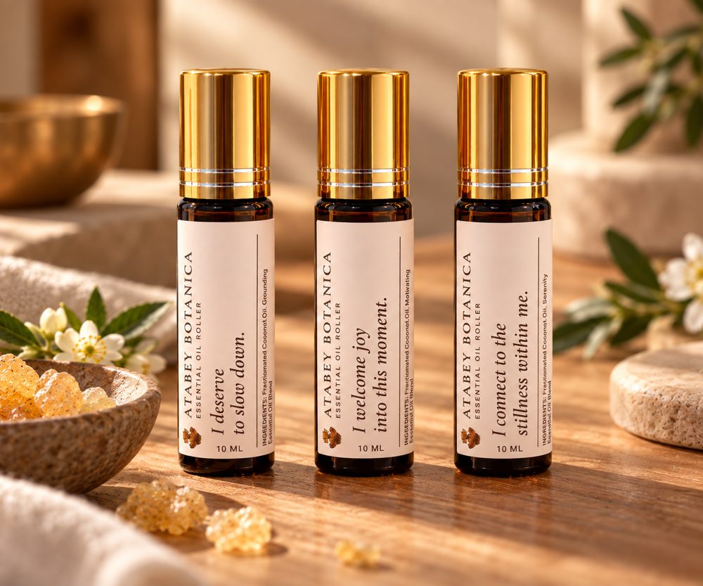 Three Atabey Botanica Essential Oil Rollers with their affirmations