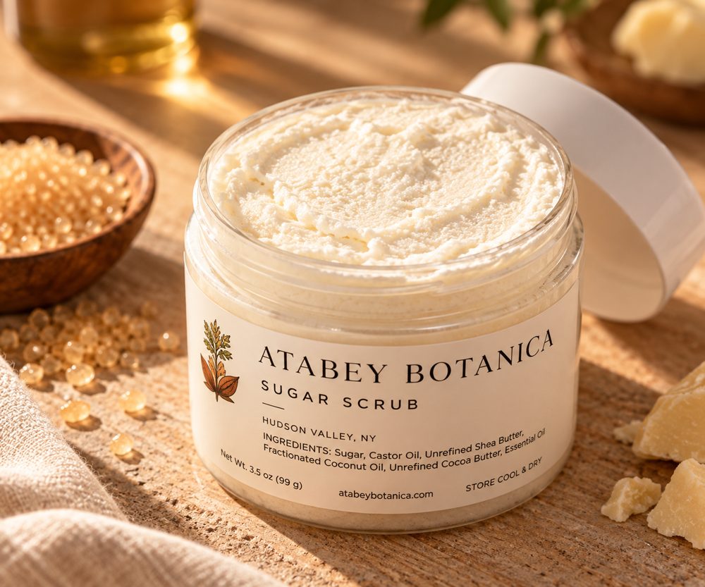Open jar of Atabey Botanica Sugar Scrub
